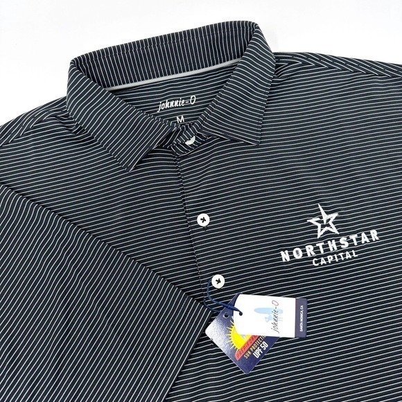 NWT Johnnie-O Albatross‎ Black Pin-Striped Polo Embroidery Size Medium UPF 50 - Picture 1 of 9